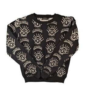 Balboa Sweater‎ Womens Medium Black Eye Graphic Allover Knit Crewneck Pullover